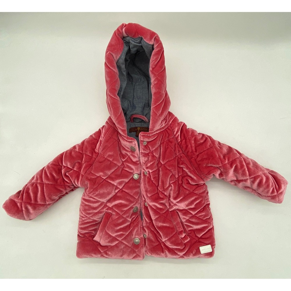 7 For All Mankind Kids Pink Quilted Velvet Hooded Jacket 12M Snap Front Coat new